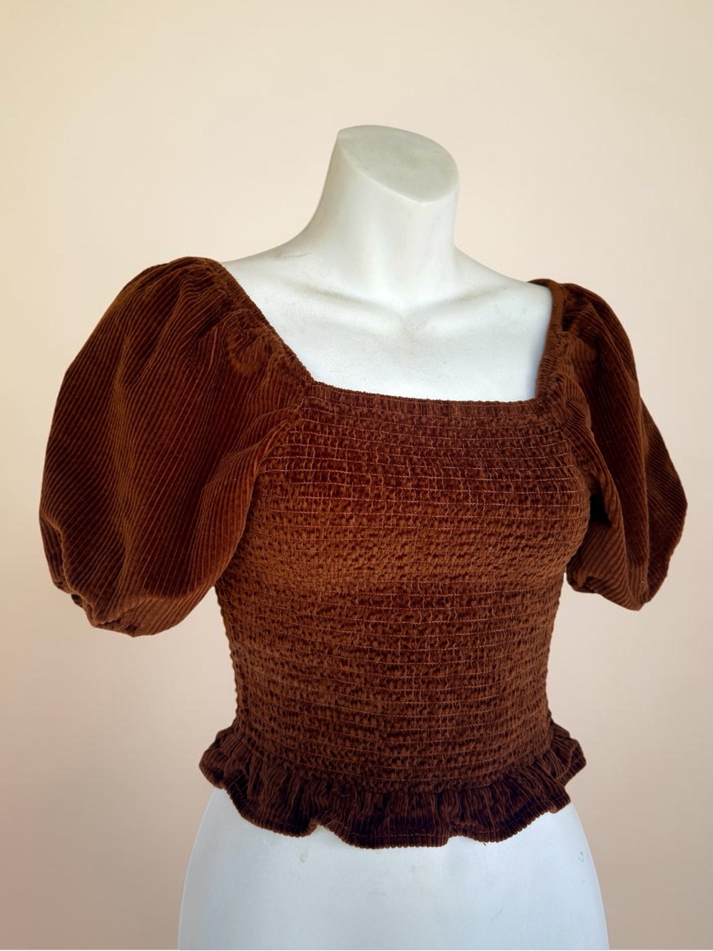 American Eagle Outfitters Chocolate Brown Smocked Puff-Sleeve Top Square Neck